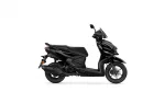 Side view of a black Yamaha scooter on a white background, showing its sleek angular body.