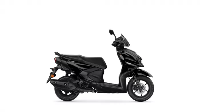 Side view of a black Yamaha scooter on a white background, showing its sleek angular body.