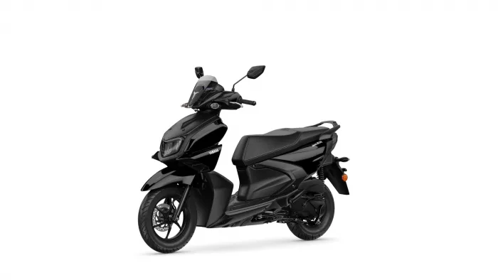 Black Yamaha scooter with windshield and dual mirrors, shown from a front-left angle against a white background.