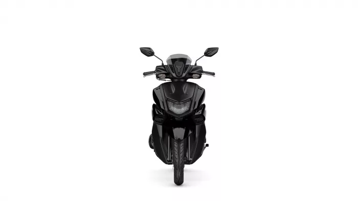 Front view of a black motorcycle, facing the reader with handlebars and windshield visible (centered).