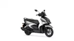 Side view of a black and silver Yamaha scooter with a sporty front fairing and windshield, isolated on white