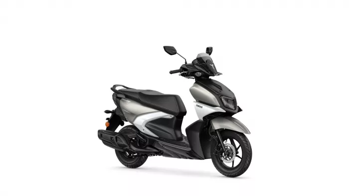 Side view of a black and silver Yamaha scooter with a sporty front fairing and windshield, isolated on white