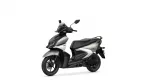 Black and silver Yamaha scooter photographed from a front-left angle, showing the windshield and handlebars.