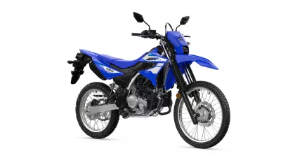 Blue Yamaha dirt bike shown in a left-front-quarter view on a white background, highlighting its blue bodywork and knobby tires.