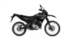 Side view of a black Yamaha off-road motorcycle with knobby tires and exposed engine against a white background