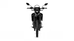 Front view of a black adventure motorcycle with a knobby front tire and dual headlights, centered against a white background.