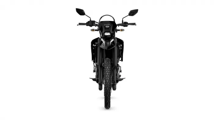 Front view of a black adventure motorcycle with a knobby front tire and dual headlights, centered against a white background.