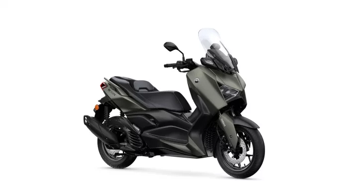 Modern gray Yamaha scooter, viewed from the front-right with tall windshield and black seat
