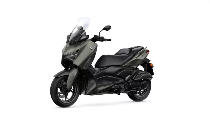 Yamaha sport-touring motorcycle with a tall windshield and matte olive-green body, shown from the front-left side