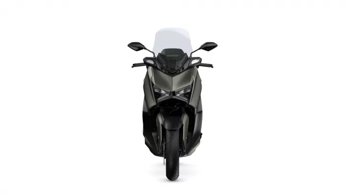 Front view of a dark gray sport motorcycle with a tall windshield and side mirrors against a white background.