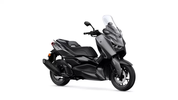 Gray Yamaha XMAX scooter shown in a side profile with tall windshield