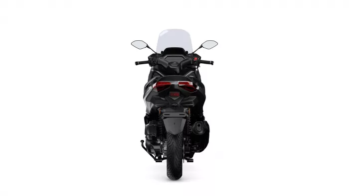 Rear view of a black sport motorcycle with a clear windscreen on a white background