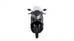 Front view of a black sport motorcycle with a tall windscreen against a white background