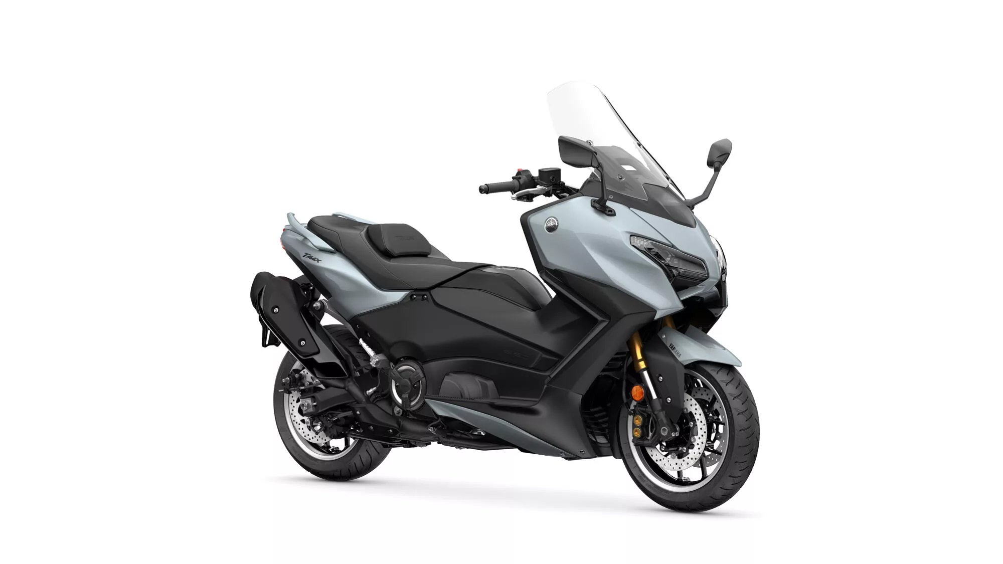 Front-right side view of a silver and black Yamaha sport-touring motorcycle with a tall windshield and disc brakes on the front wheel.
