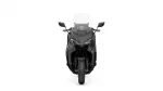 Front view of a black sport motorcycle with a clear windshield and side mirrors, seen head-on.