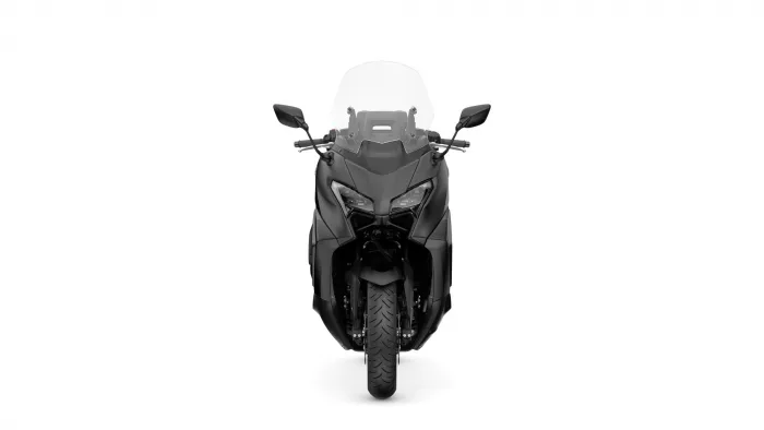 Front view of a black sport motorcycle with a clear windshield and side mirrors, seen head-on.