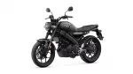 Black Yamaha motorcycle, left front three-quarter view, showcasing round headlight and sleek matte-black body.