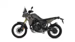 Side profile of an olive Yamaha Tenere 700 adventure motorcycle on a white background with knobby tires and gold front forks