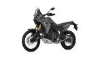 Yamaha Tenere 700 adventure motorcycle shown in a left-rear three-quarter view with olive-gray body and gold front forks against a white background (product image).