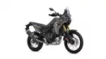 Yamaha Tenere 700 adventure motorcycle in olive gray, showing front suspension with gold forks and rugged off-road tires (side view).