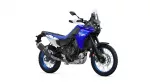 Blue Yamaha Tenere 700 adventure motorcycle shown from the left side with knobby tires and windscreen.