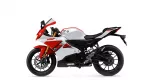 Side view of a red and white Yamaha sport motorcycle against a white background with black seat and gold front forks.