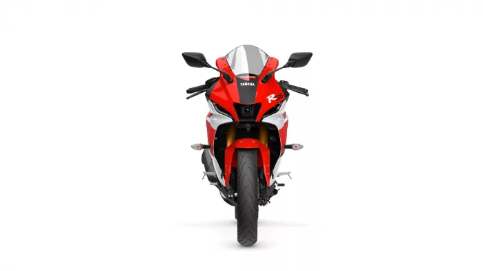Front view of a red Yamaha R25 sport motorcycle with black accents and aerodynamic fairing