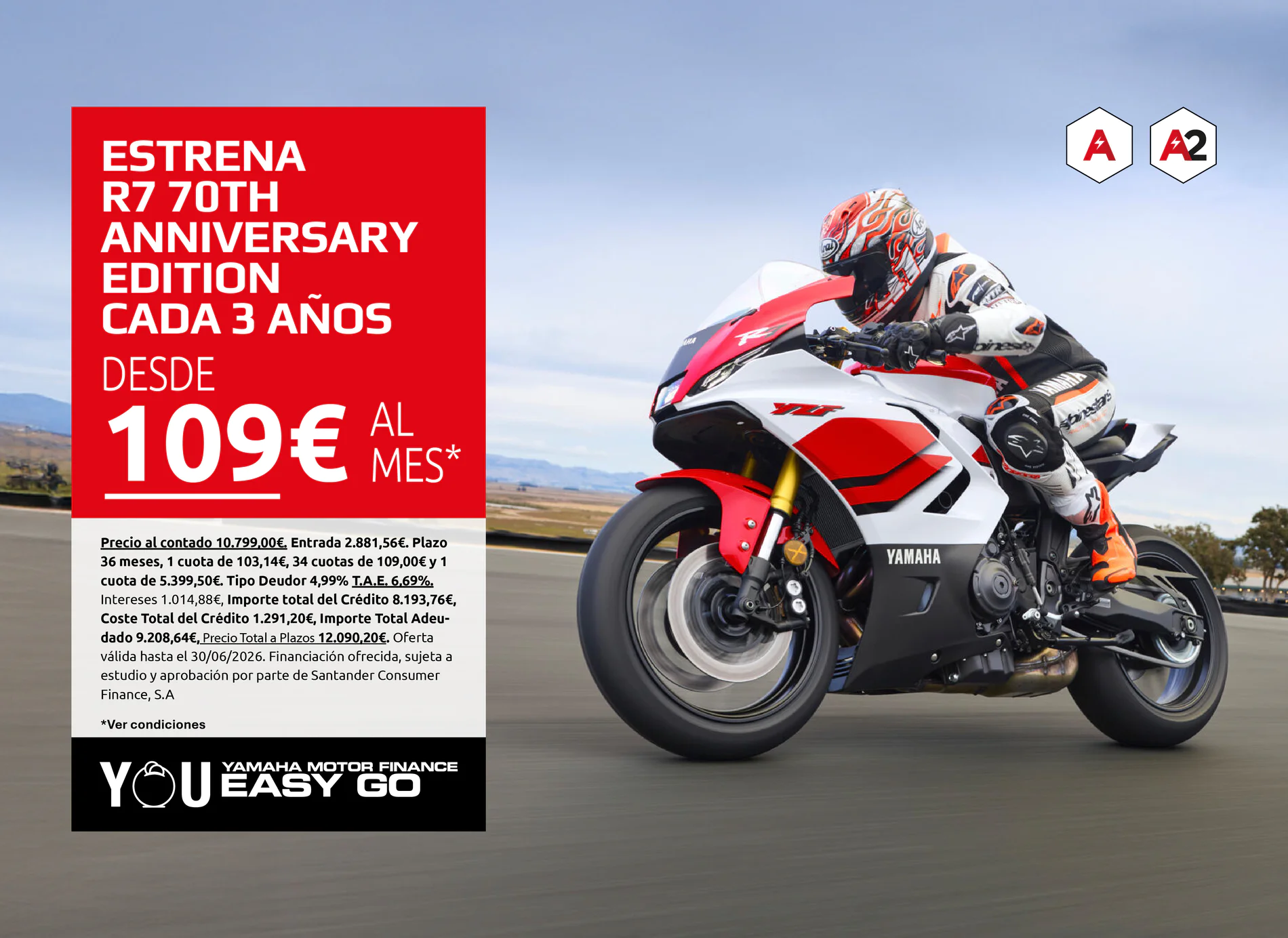 Promotional banner: bold white text on a red panel advertising motorcycle offers, with a Yamaha sport bike and rider on a open road to the right.