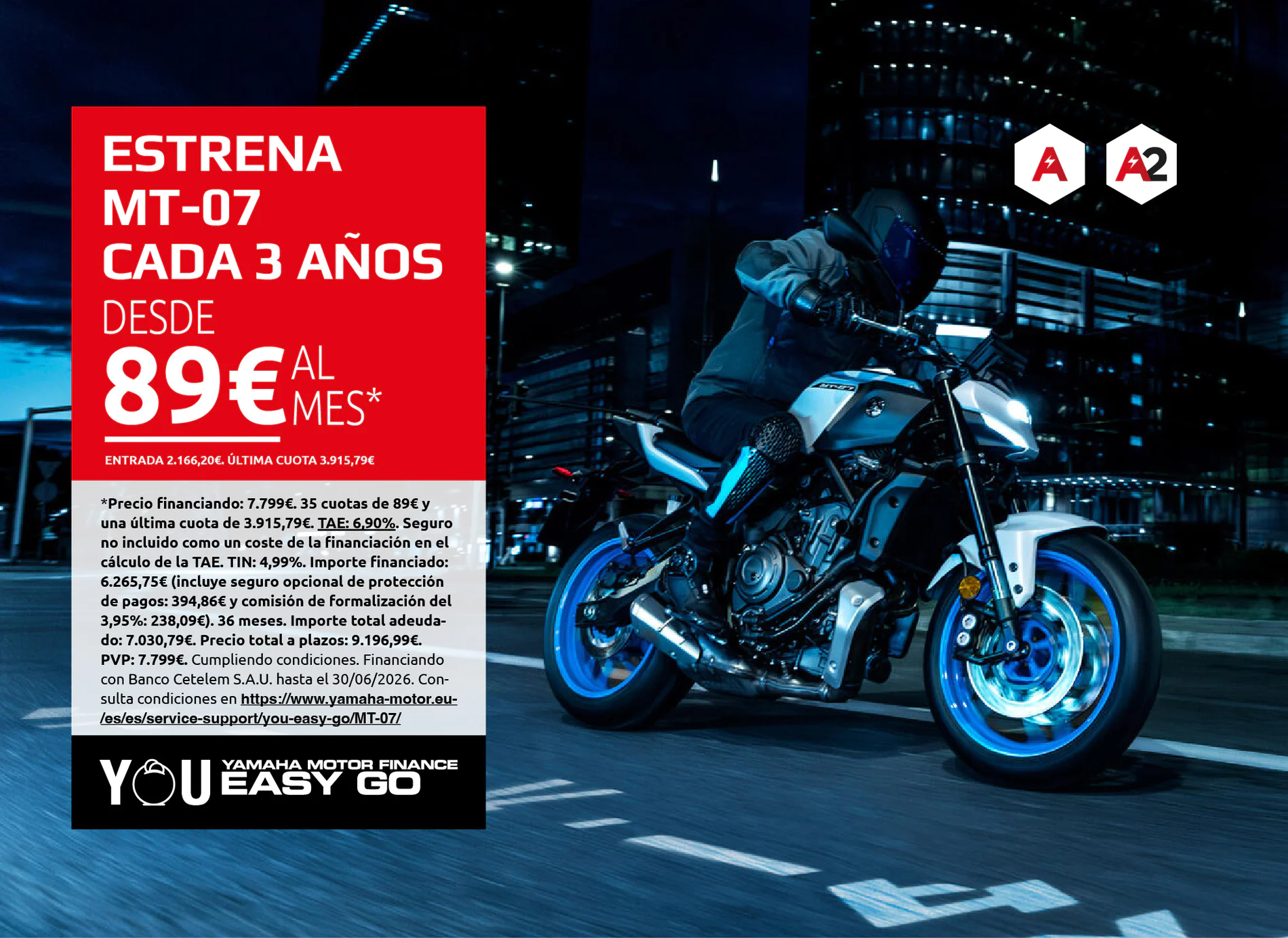 Red promotional panel on left advertising the MT-07 from 89€ per month, with a motorcycle on the right in a夜 cityscape background.