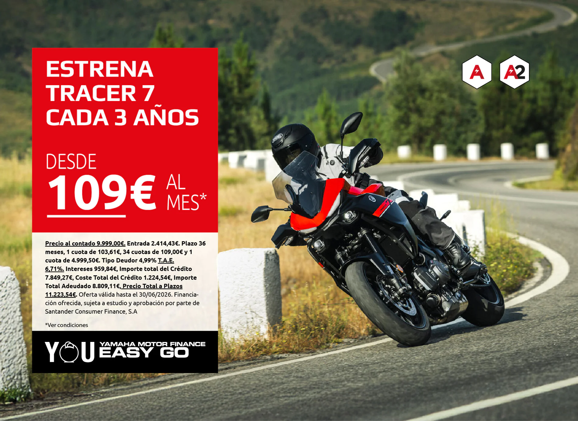 Motorcycle ad: rider leaning into a curved road with a large red promo panel on the left and A and A2 logos on the right; brand: Yamaha You Easy Go.
