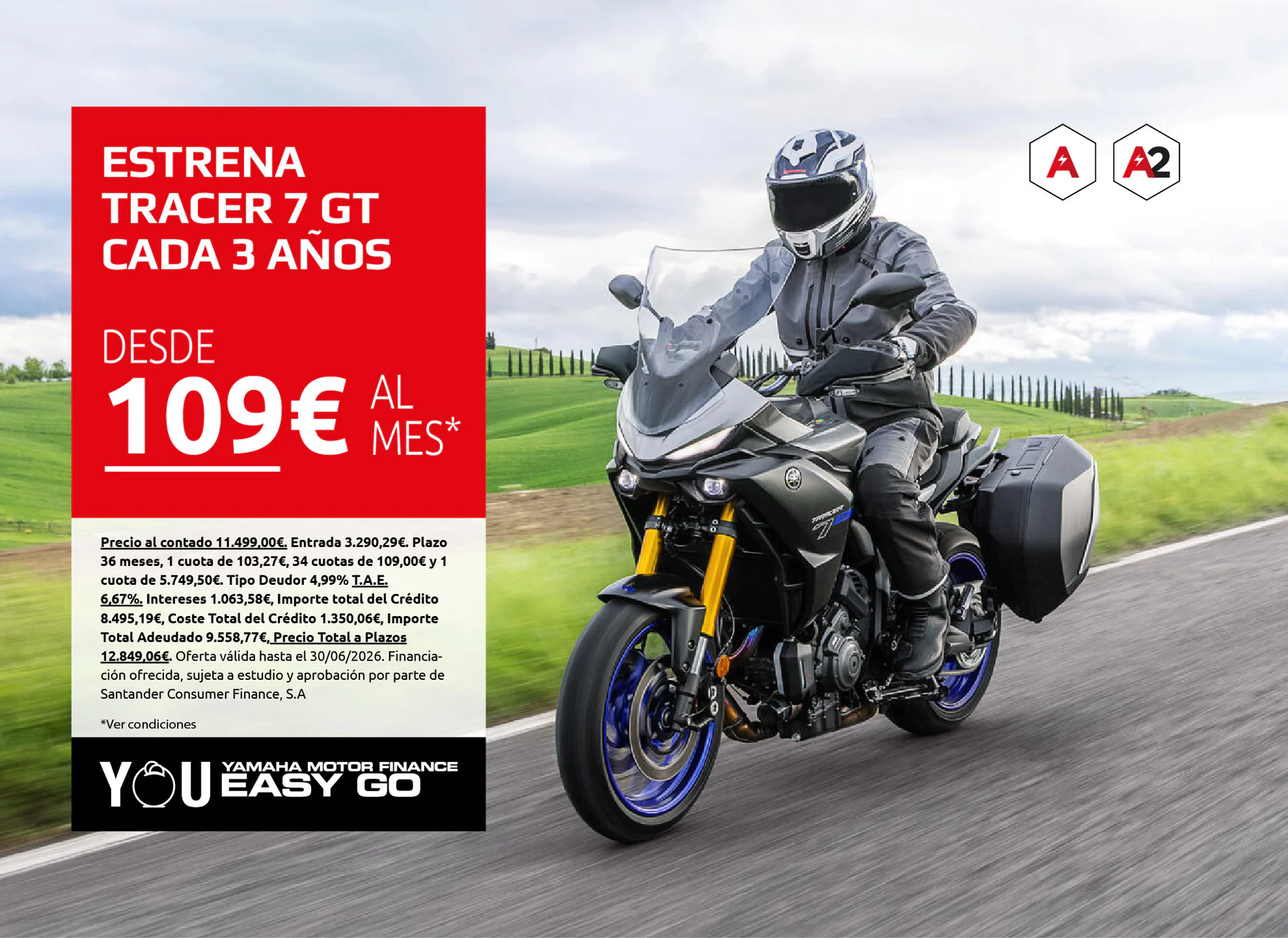 Motorcycle rider on a road with a bold red ad panel offering Tracer 7 GT from 109€ per month (Spanish text visible).
