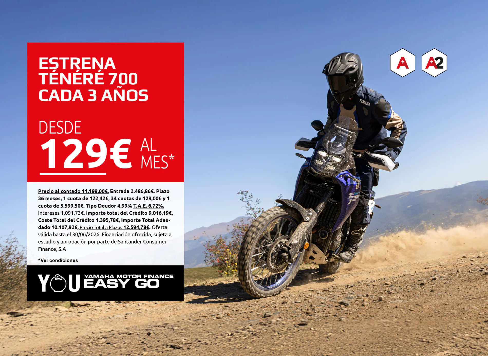 Off-road motorcyclist wearing a helmet rides a dirt bike on a dry trail beside a large red promotional banner with Spanish text on the left.