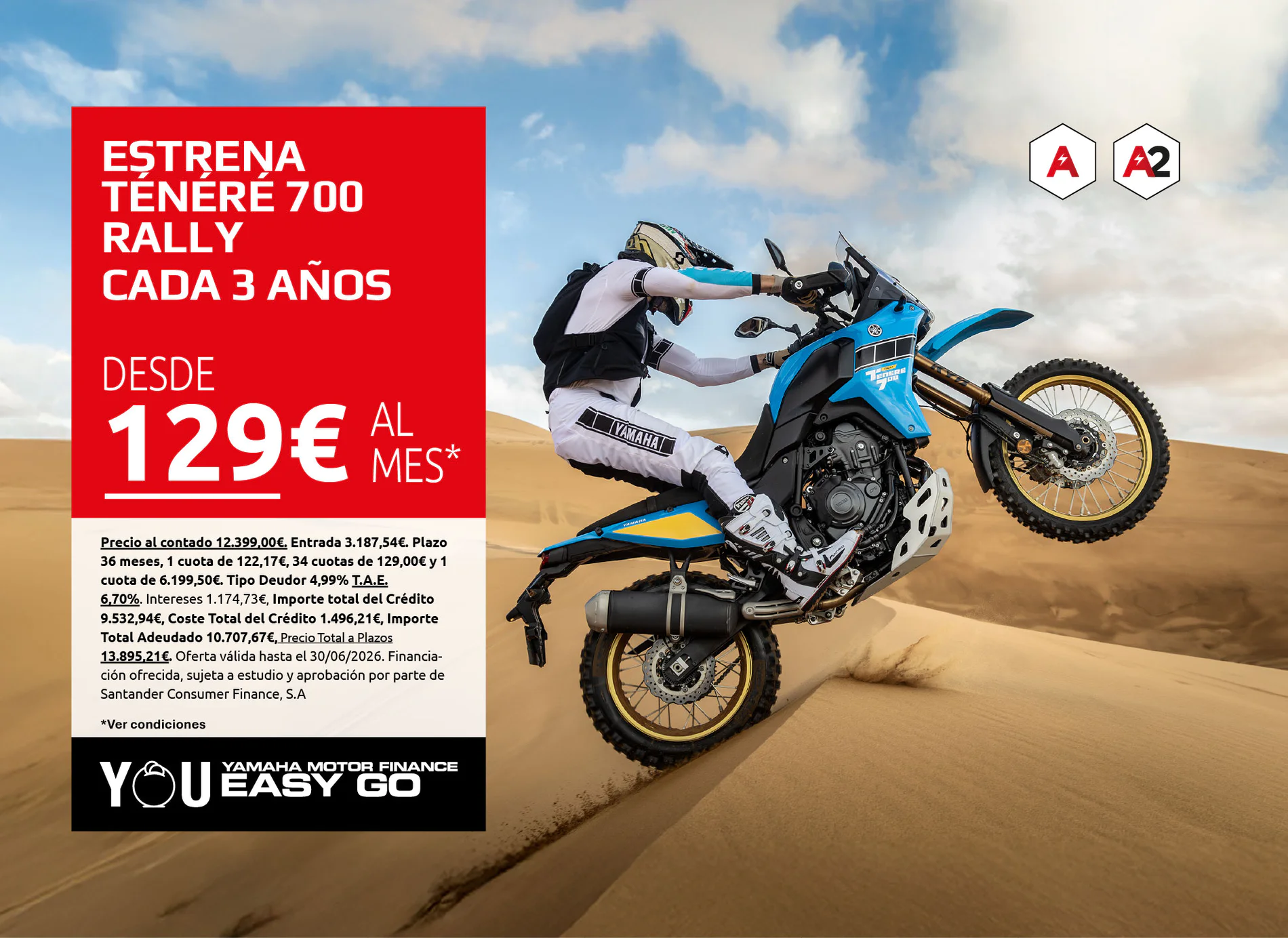 Red promotional panel on the left with Spanish text about the Yamaha Tenere 700 Rally financing from €129 per month; blue dirt bike on a desert background.