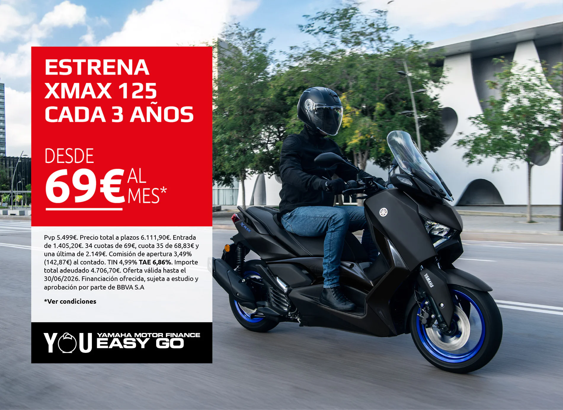 Promotional banner for Yamaha XMAX 125: red panel with price text beside a rider on a black Yamaha scooter on a city street.