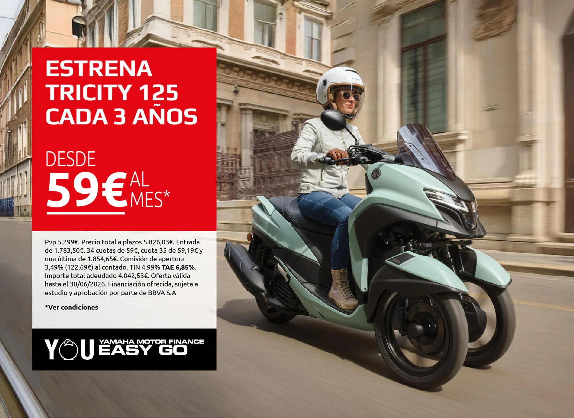 Adult woman rides a mint-green Yamaha scooter on a city street beside a bold red advertisement panel promoting Tricity 125 with financing details