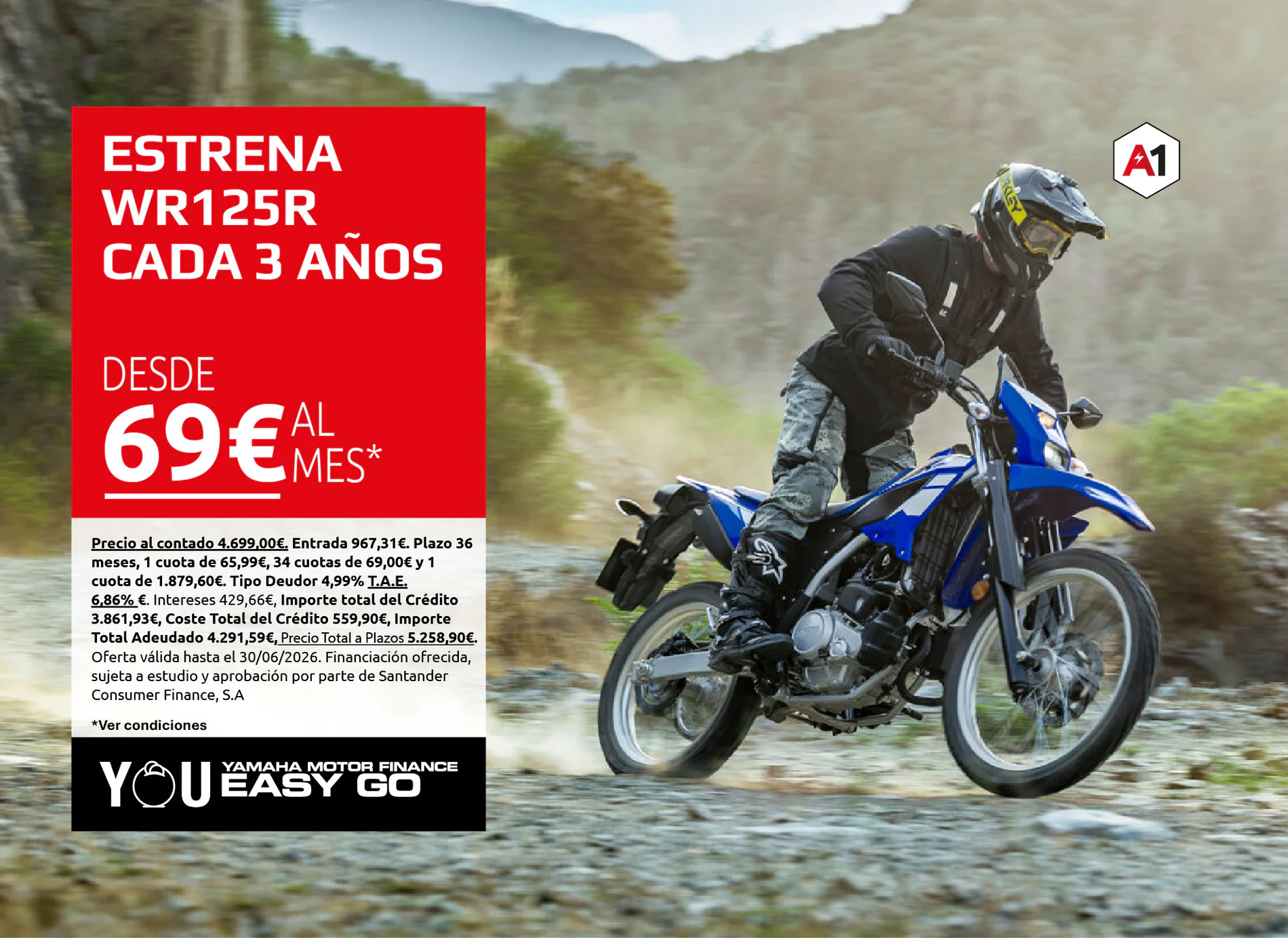 Anuncio promocional en color rojo para la Yamaha WR125R, con texto destacado y motocicleta azul a la derecha; transmite oferta de financiación.