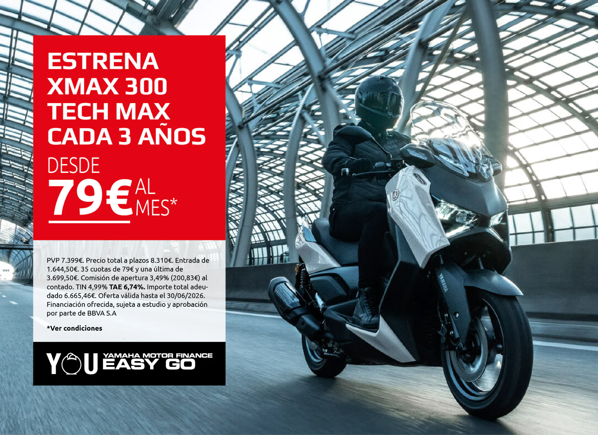 Publicidad de Yamaha: moto XMAX 300 Tech Max; texto en rojo a la izquierda y oferta desde 79€ al mes.