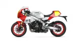 Side view of a Yamaha XSR900 GP sport motorcycle in red and white, showcasing the engine, frame, and red wheels.