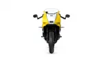 Front view of a yellow sport motorcycle with a white front fairing and clear windshield.
