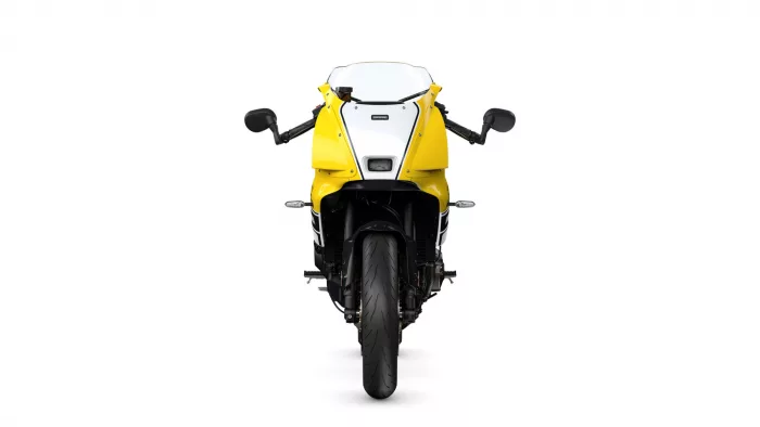 Front view of a yellow sport motorcycle with a white front fairing and clear windshield.