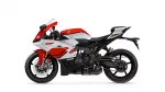Side view of a red, white, and black Yamaha R1 sport motorcycle on a white background
