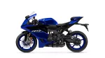 Blue sport motorcycle shown in a left-side profile with aerodynamic fairings and windshield on a white background.