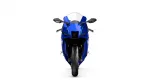Front view of a blue Yamaha sport motorcycle, showing the windshield, handlebars, and front tire.