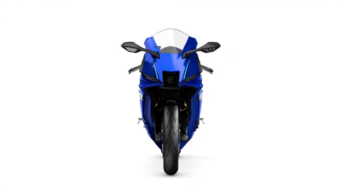 Front view of a blue Yamaha sport motorcycle, showing the windshield, handlebars, and front tire.