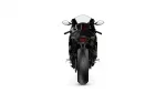 Rear view of a black sport motorcycle with a red tail light against a white background.