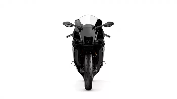 Front view of a black Yamaha sport motorcycle with a tall windscreen and angular fairings.