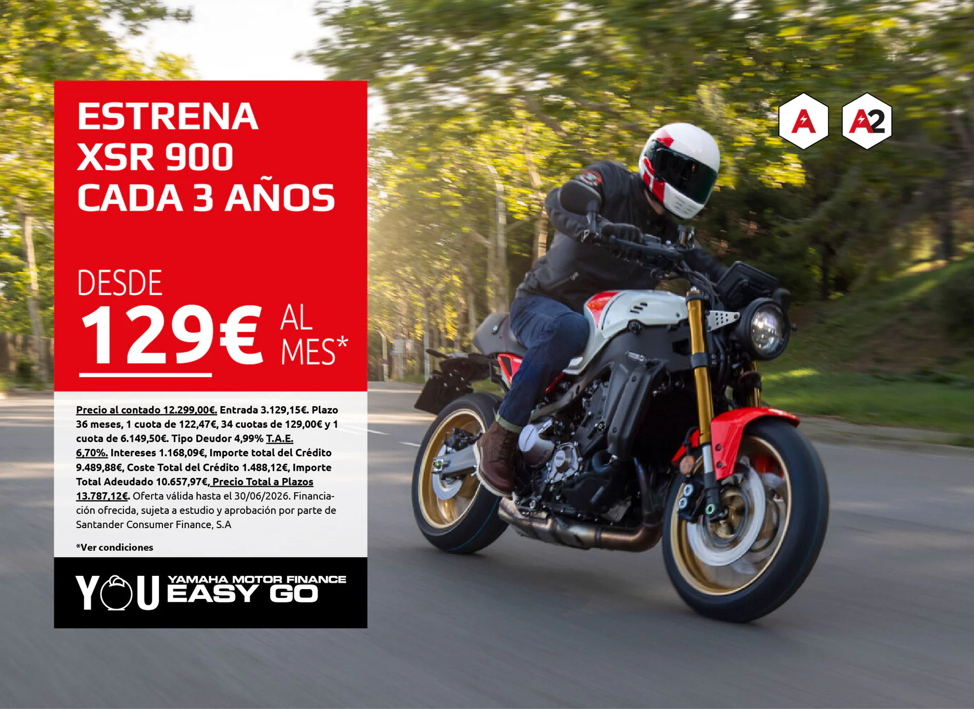 Promotional banner for Yamaha XSR 900: rider on motorcycle with bold red ad panel showing price from 129€ per month
