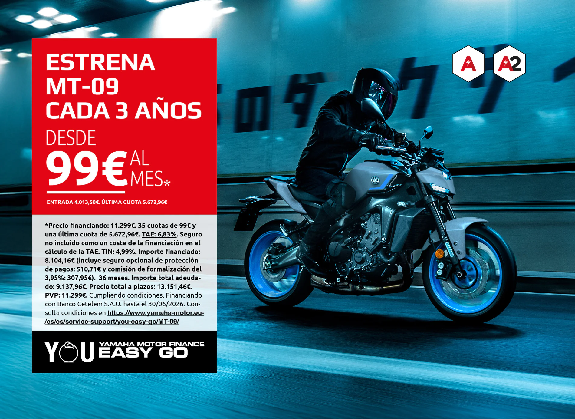 Promotional red panel with white text on the left; a motorcyclist on a Yamaha MT-09 in a blue-tinted tunnel.