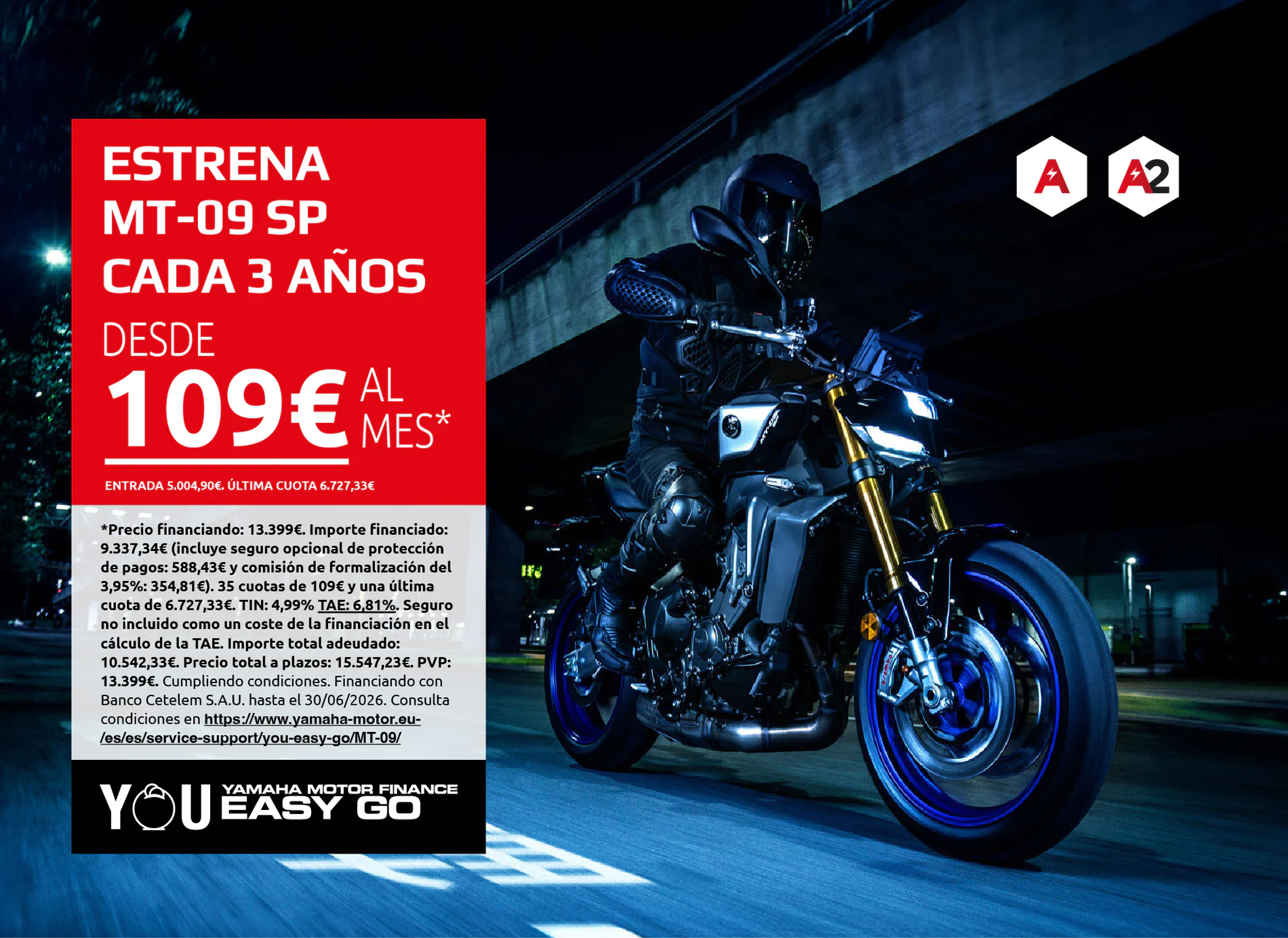 Promotional banner for Yamaha MT-09 SP financing: red panel with «ESTRENA MT-09 SP CADA 3 AÑOS» and «109€ AL MES», motorcycle on dark street backdrop with logos on right.