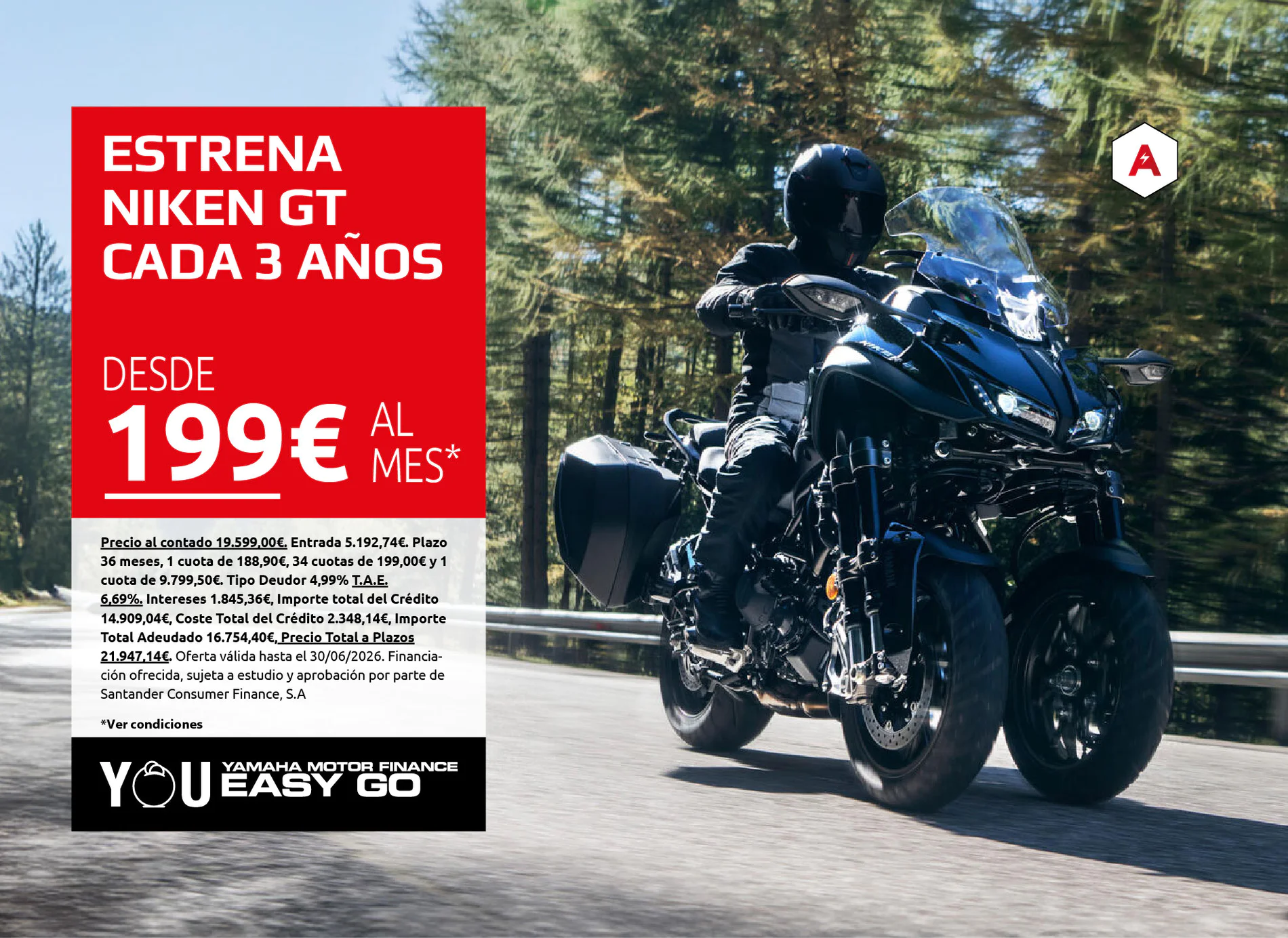 Motorcycle rider in black gear rides on a forested road beside a large red promotional banner with white text.